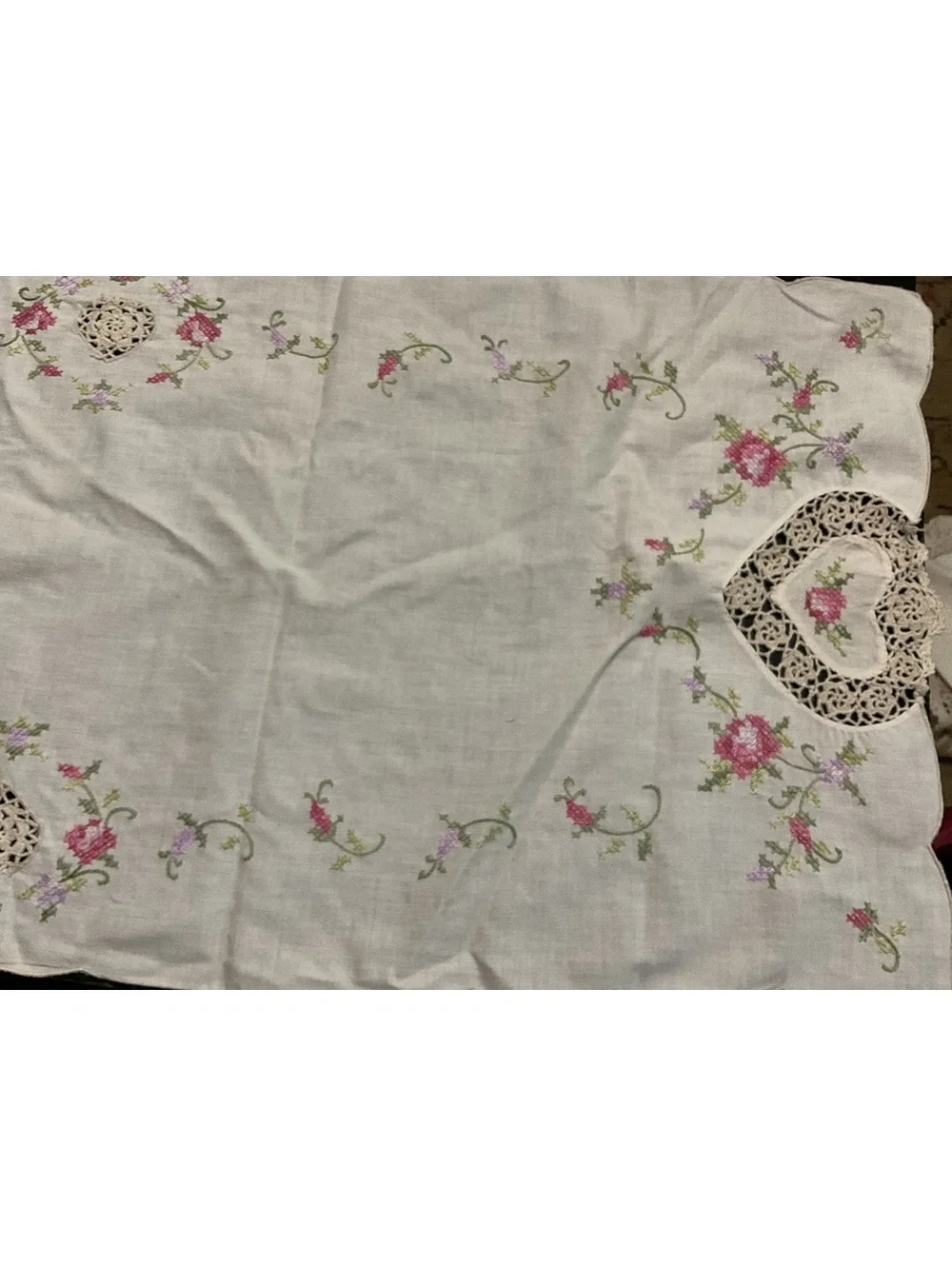 Vintage Embroidered Linen Table Runner with Heart Cutwork 53 1/2” x 15”